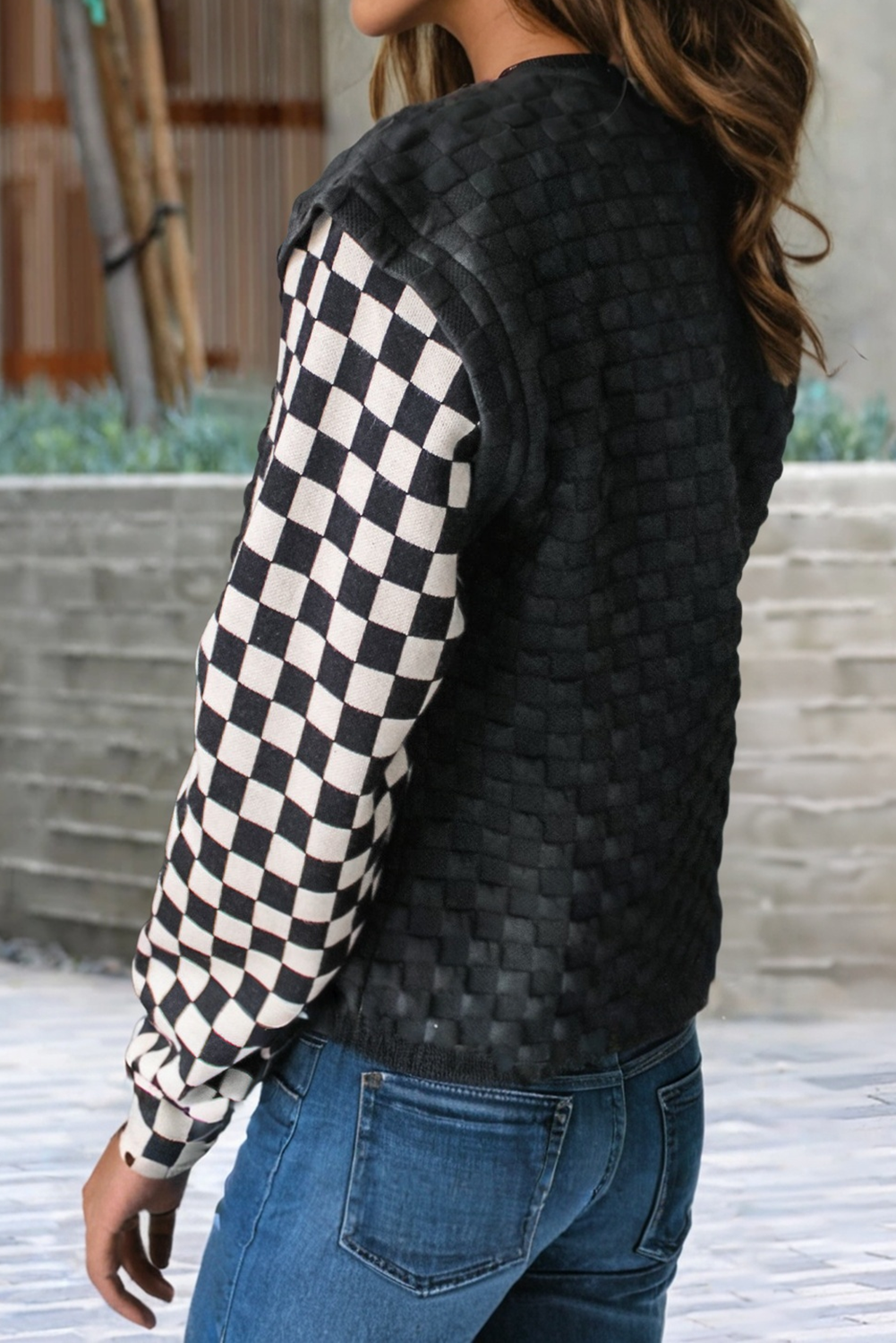Plaid Textured Contrast Checkered Long Sleeve Top
