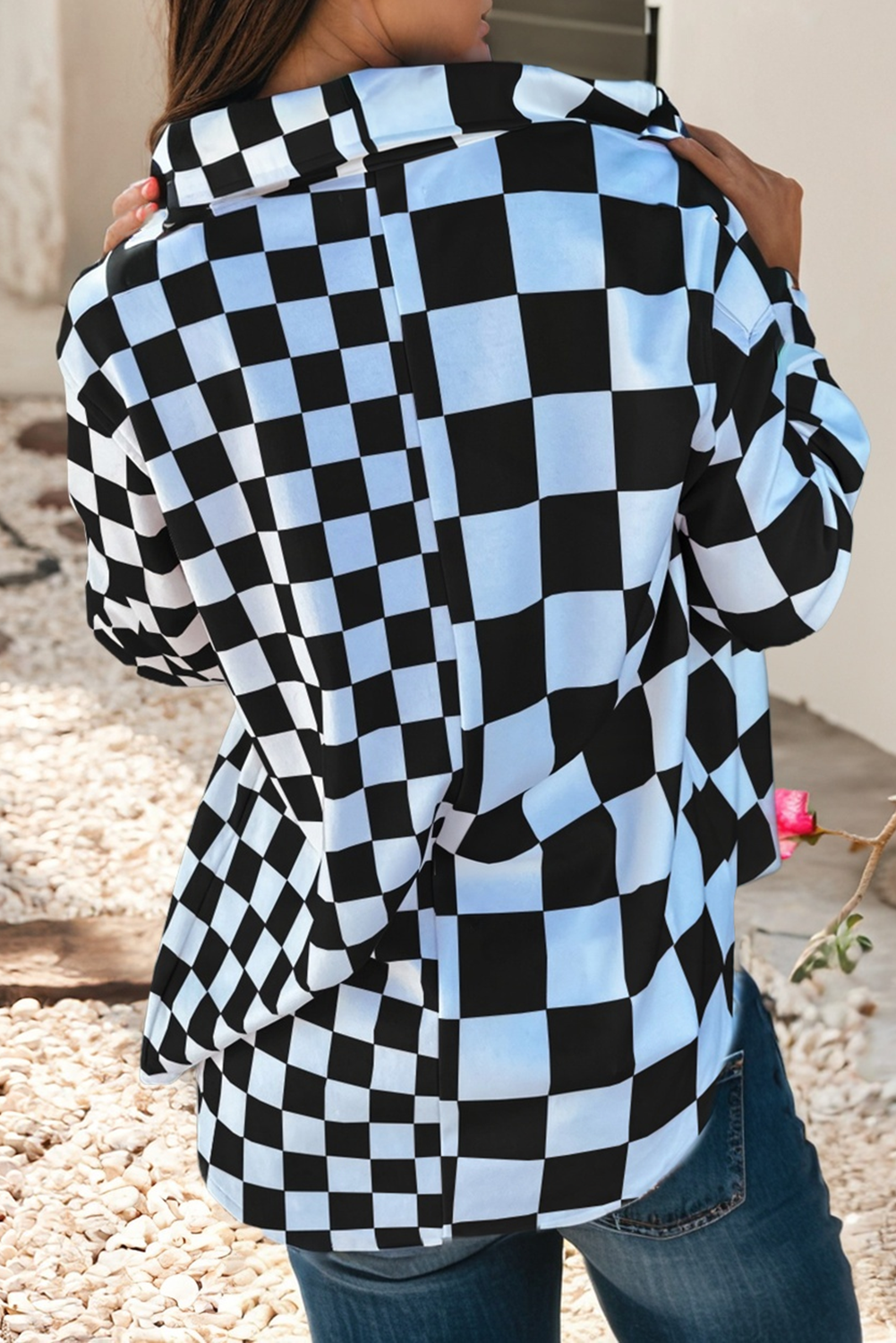 Checkerboard Flap Pocket Button Front Shacket
