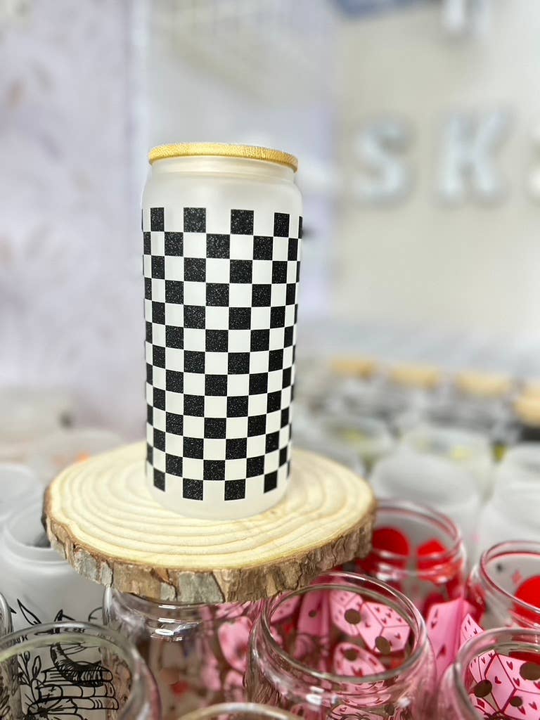 Checkered 20 oz Glass Tumbler with Bamboo Lid & Straw
