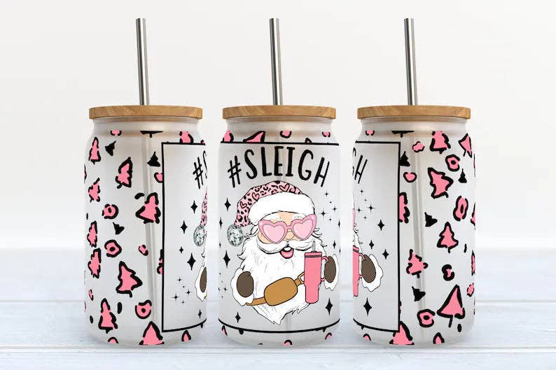 Pink Christmas #Sleigh Santa 16oz Holiday Libbey Glass Tumbler