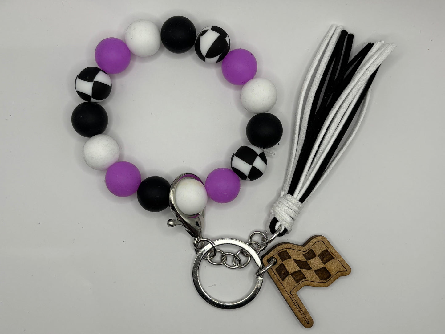 Glow-in-the-Dark Neon Silicone Bead Wristlet Bracelet Key Ring with Charm