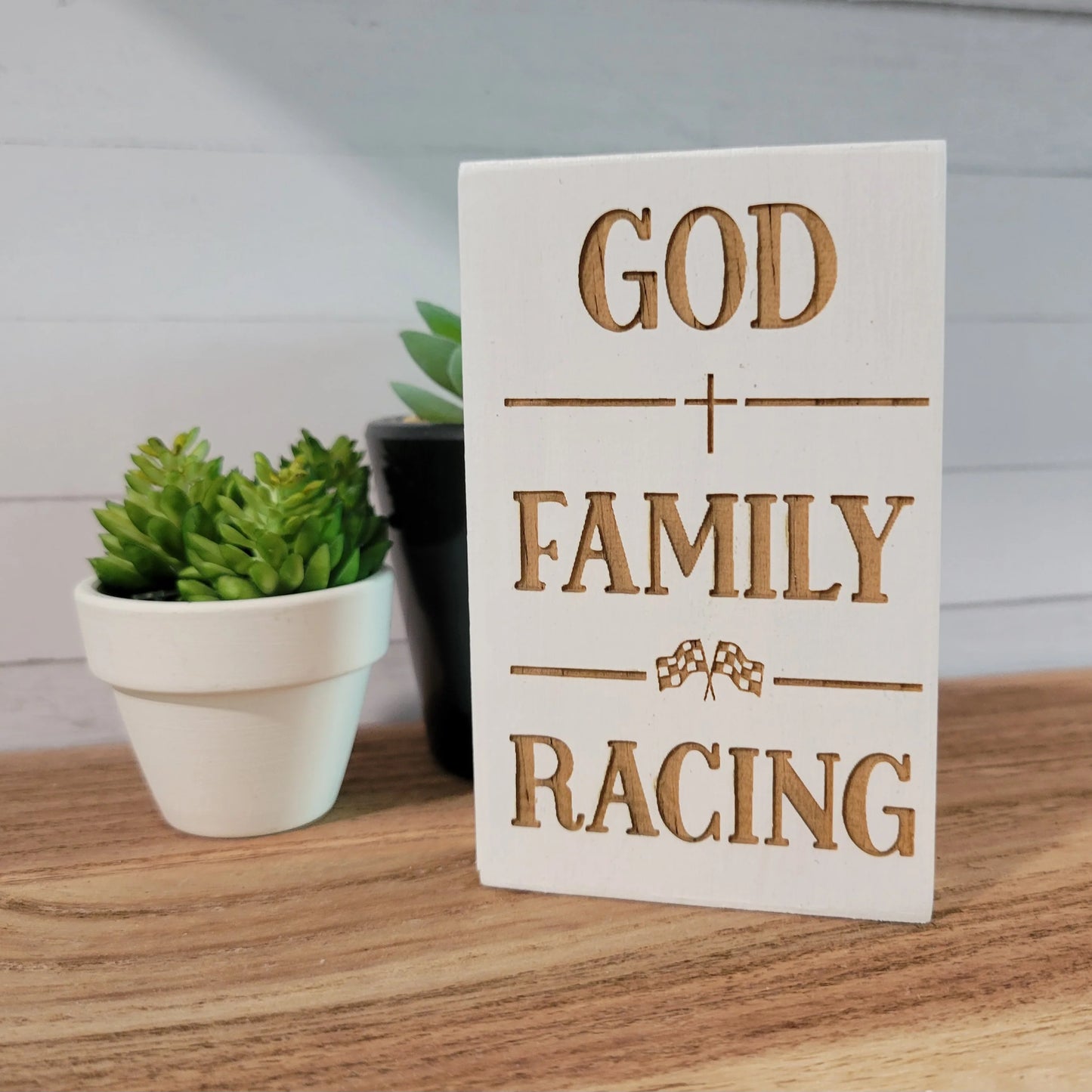 God Family Racing Laser Engraved Mini Wood Sign