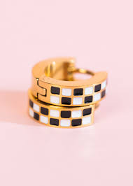 Black/White Checkered Huggies - Gold