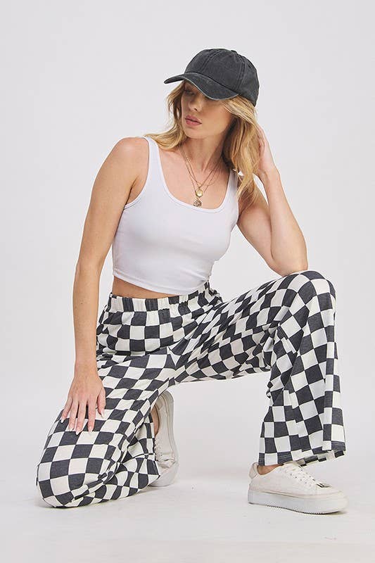 High Waist Checkered Straight Leg Knit Pant