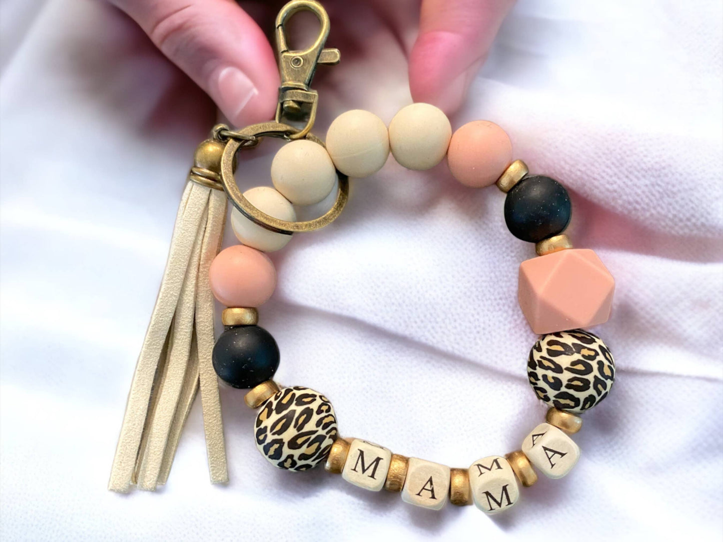 Mama Beaded Wristlet Keychain/Leopard Mama Key Ring