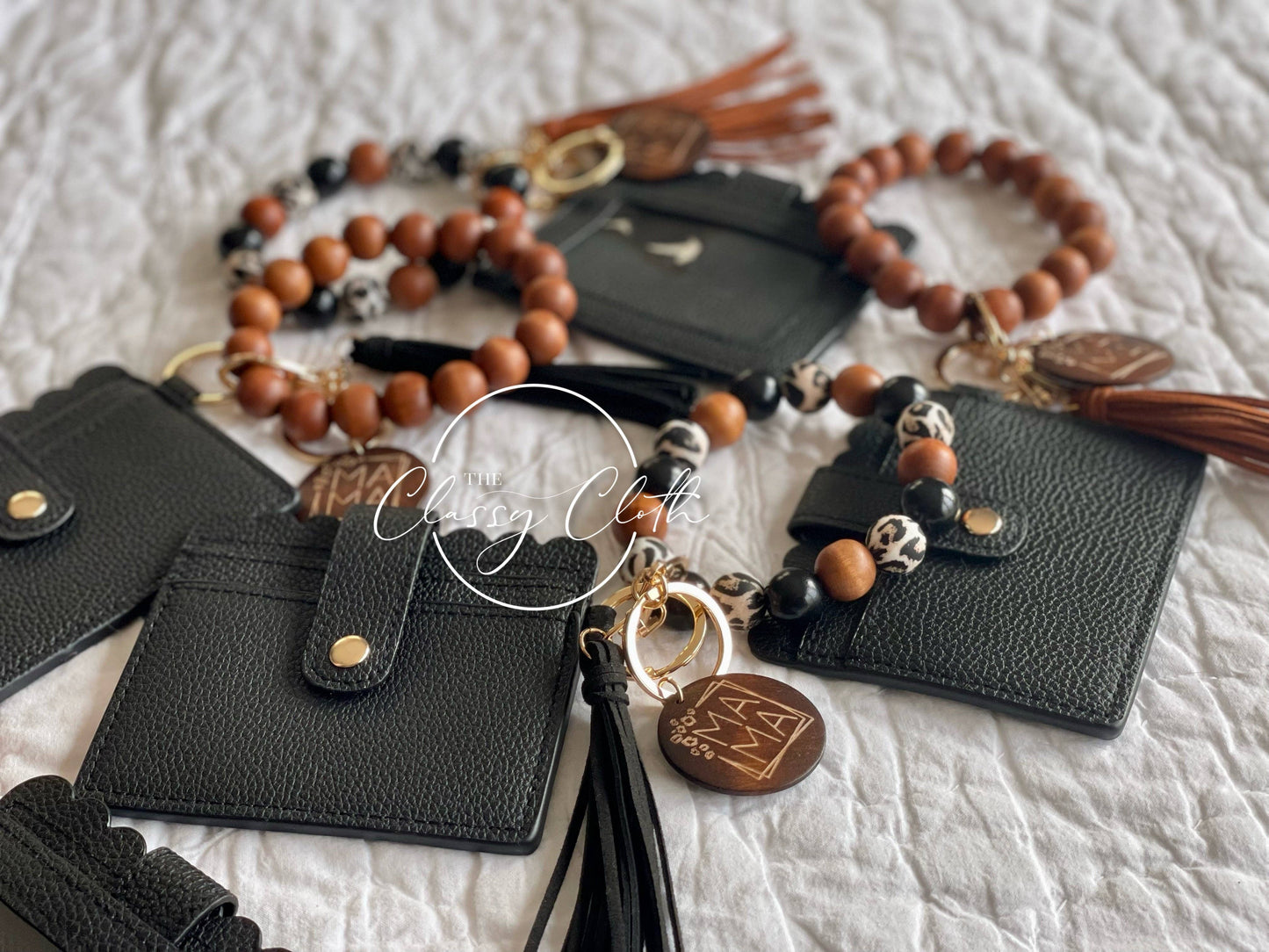 MAMA Wristlet Keychain Wallet- Solid Wood w/Blk Tassel