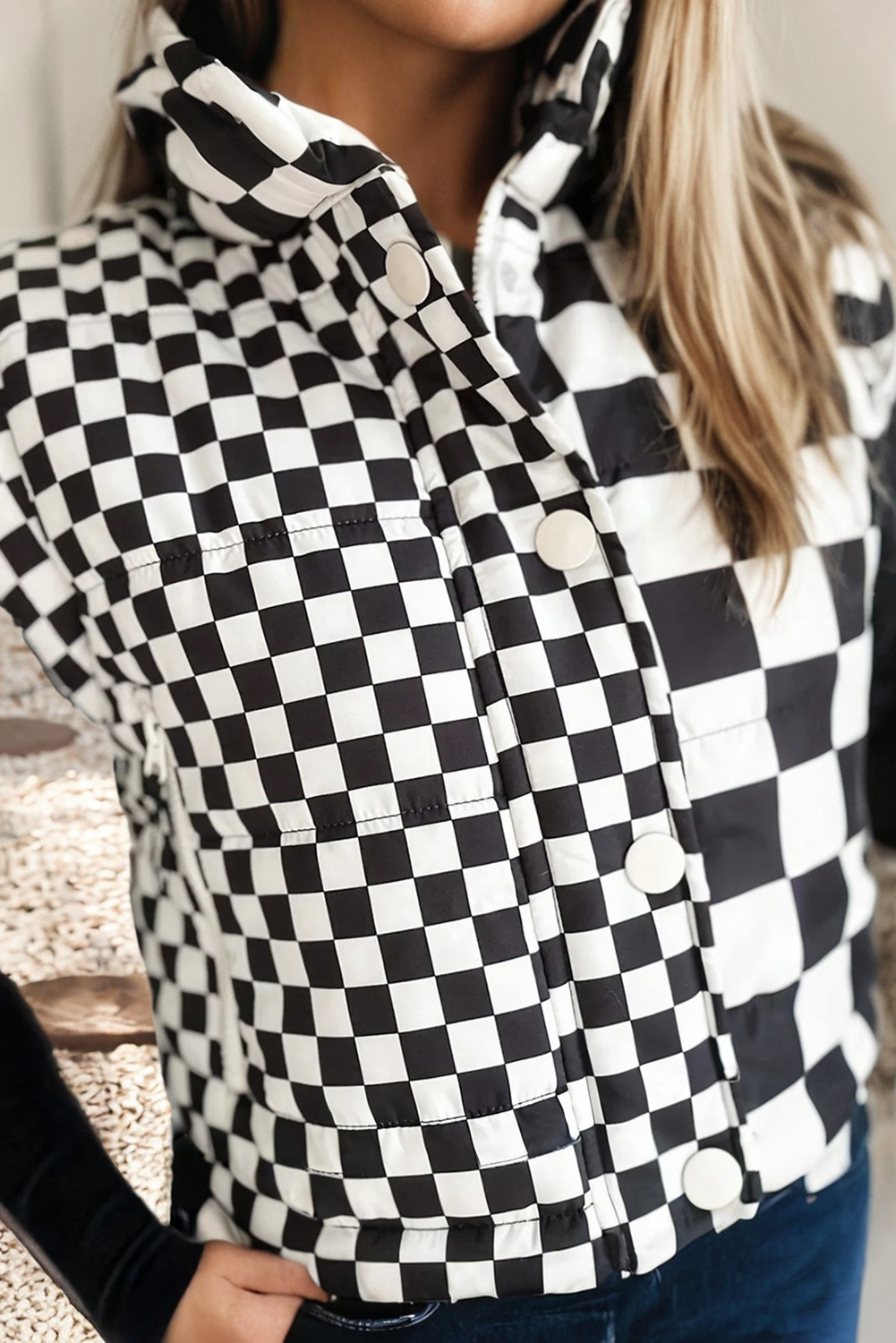 LDC Checkerboard Stitched Zip Up Stand Neck Snap Button Vest