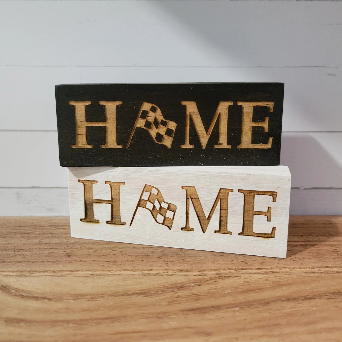 Home with Checkered Flag Laser Engraved Mini Wood Sign
