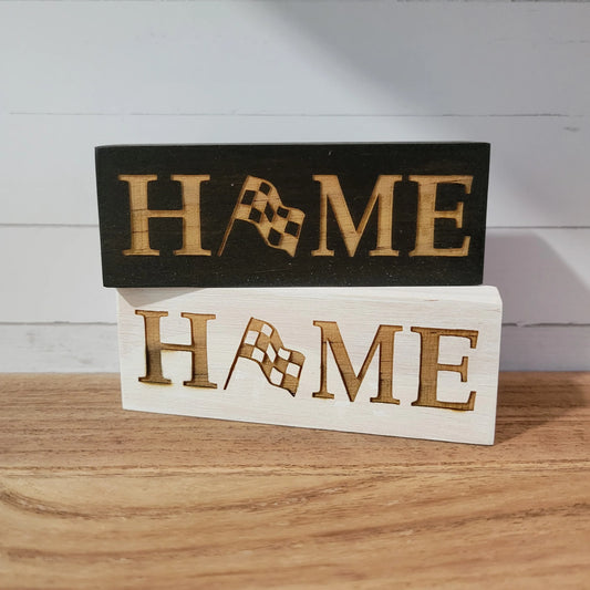 Home with Checkered Flag Laser Engraved Mini Wood Sign