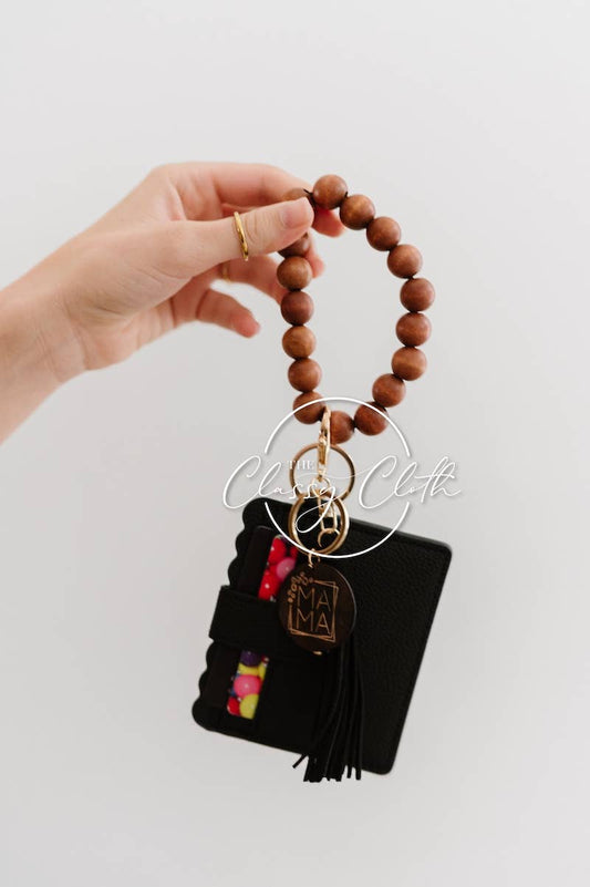 MAMA Wristlet Keychain Wallet- Solid Wood w/Blk Tassel