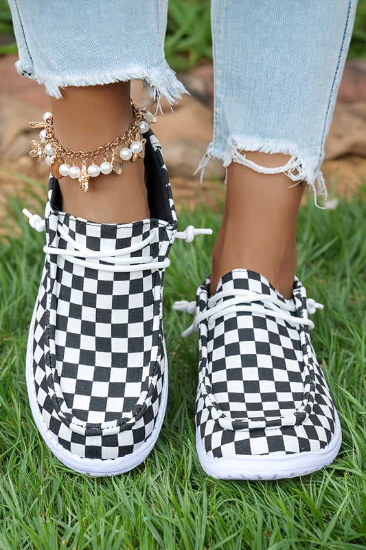 Checkered/ Leopard Print Lace-up Detail Flat Shoes
