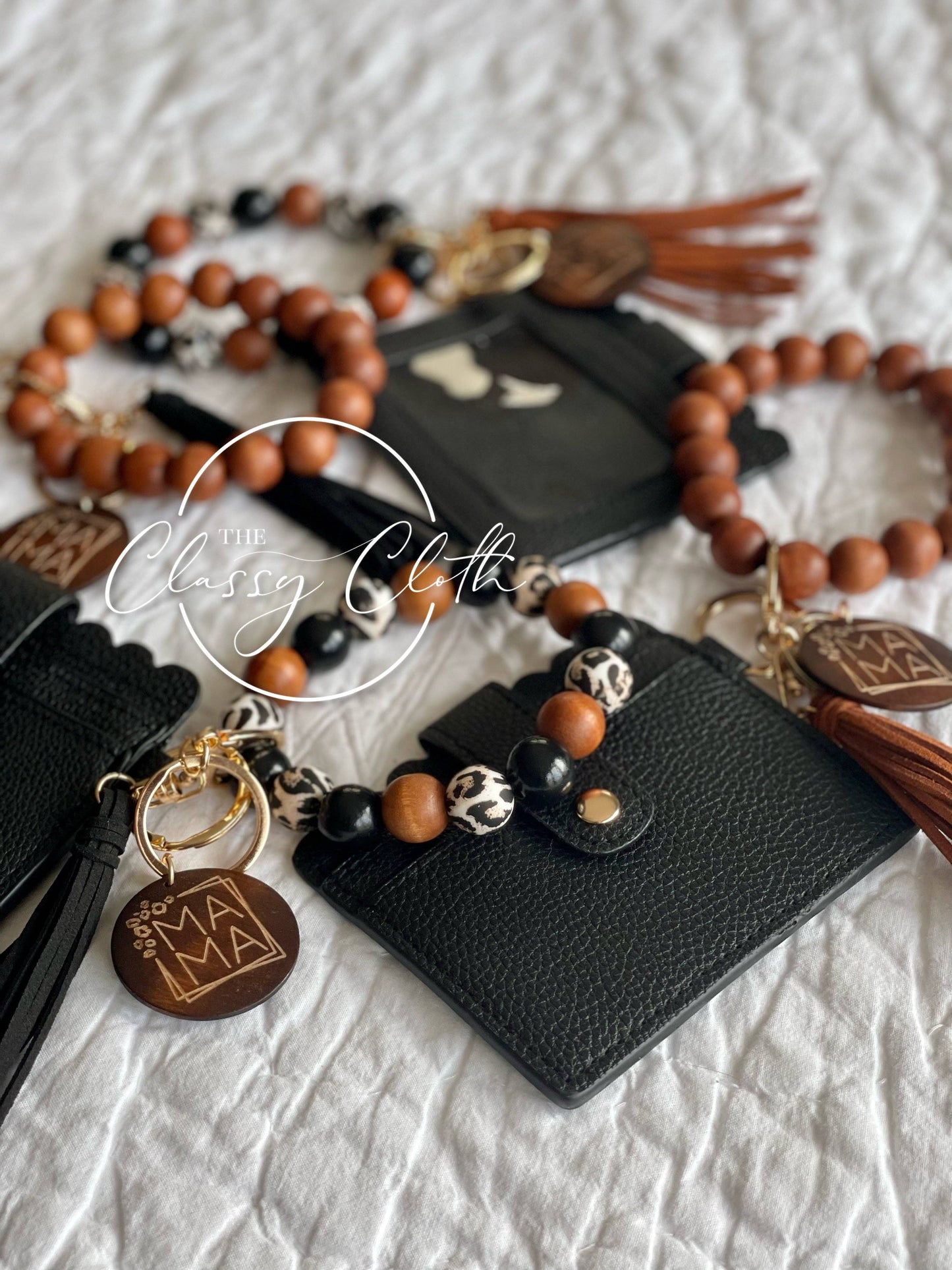 MAMA Wristlet Keychain Wallet- Solid Wood w/Blk Tassel