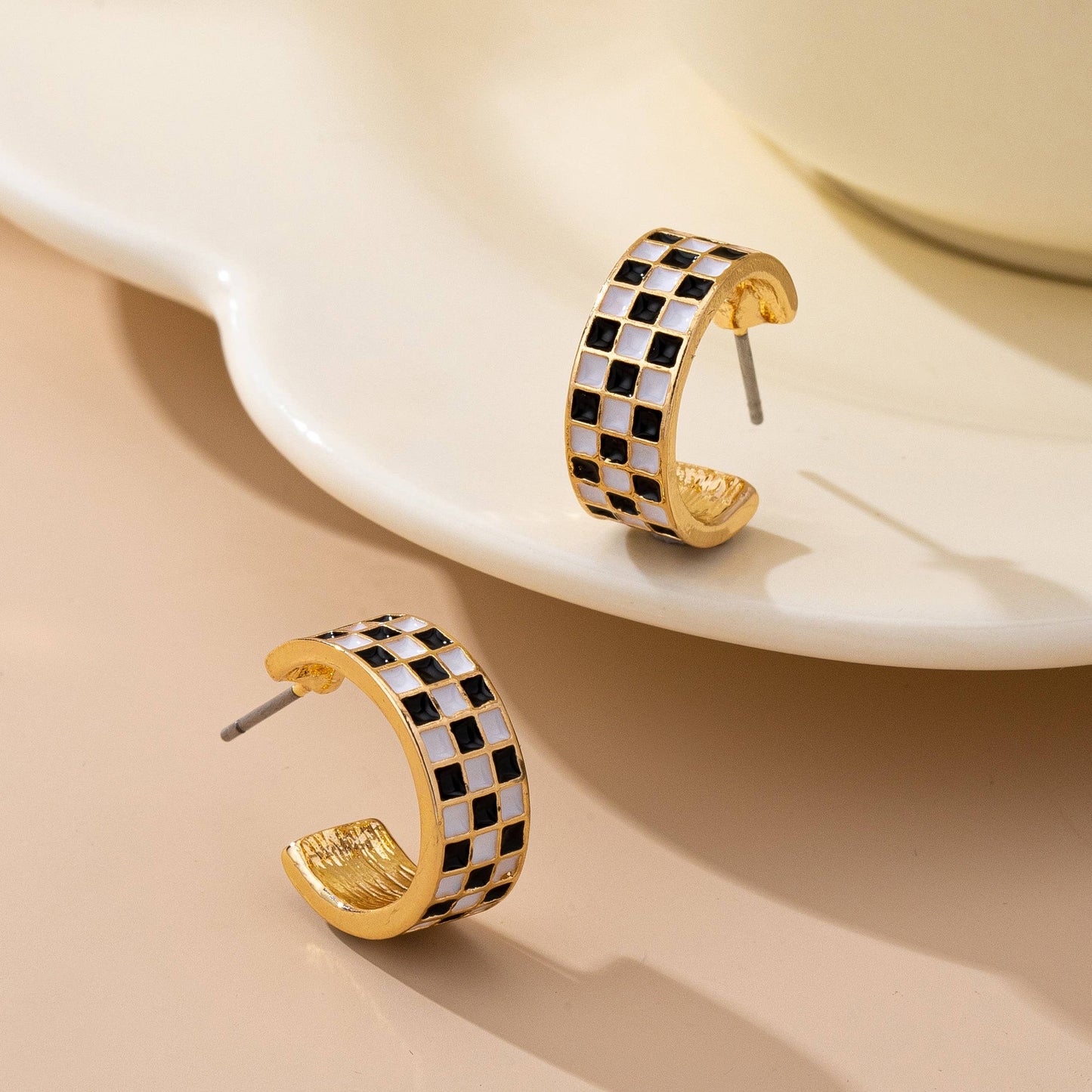 Checkered Huggie Hoop Earrings