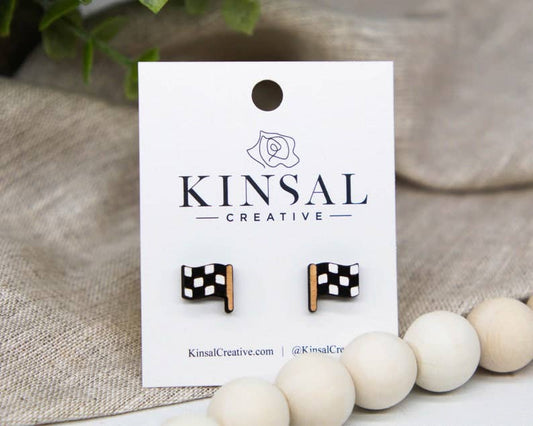 Checkered Flag Wood Stud Earrings