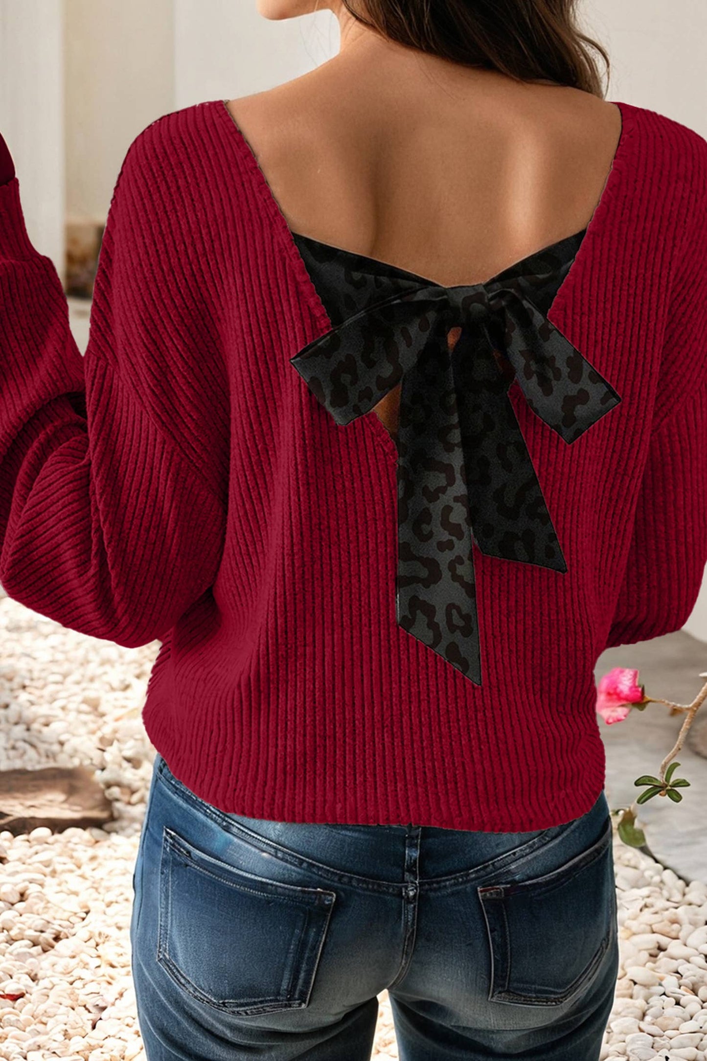 LDC Leopard-Print Back Bow Tie Drop Shoulder Long Sleeve Top