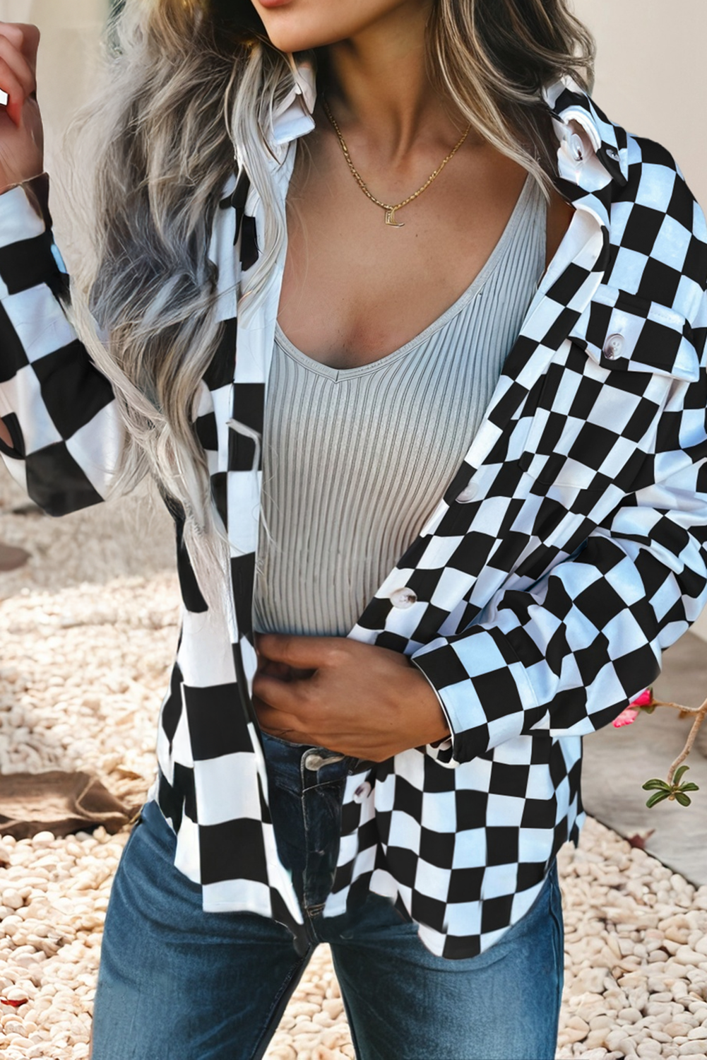 Checkerboard Flap Pocket Button Front Shacket