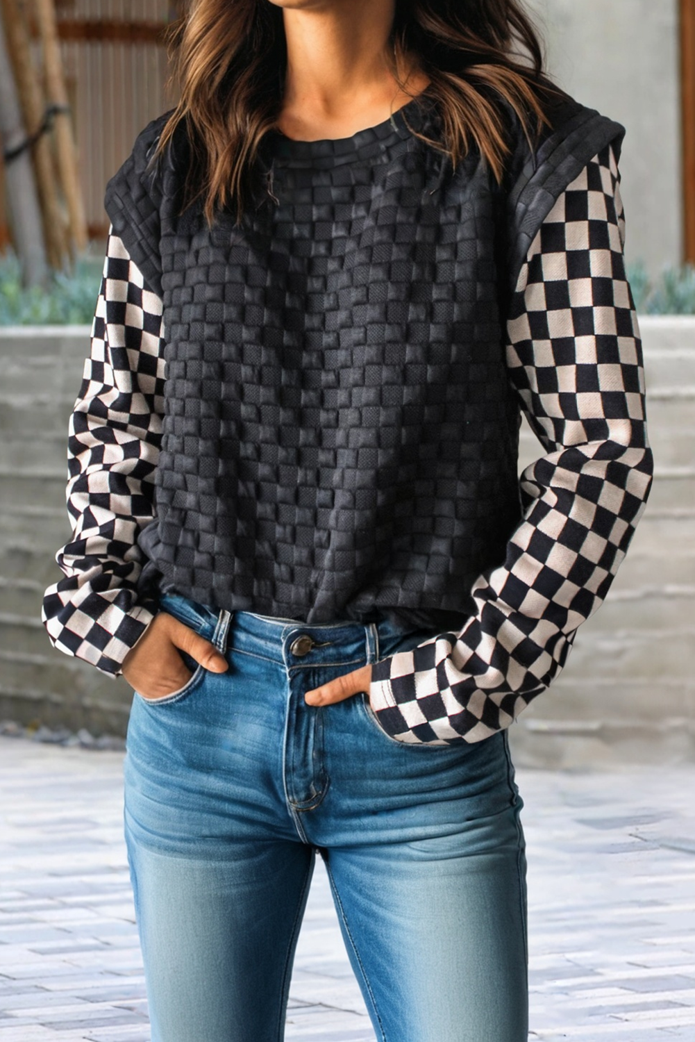 Plaid Textured Contrast Checkered Long Sleeve Top