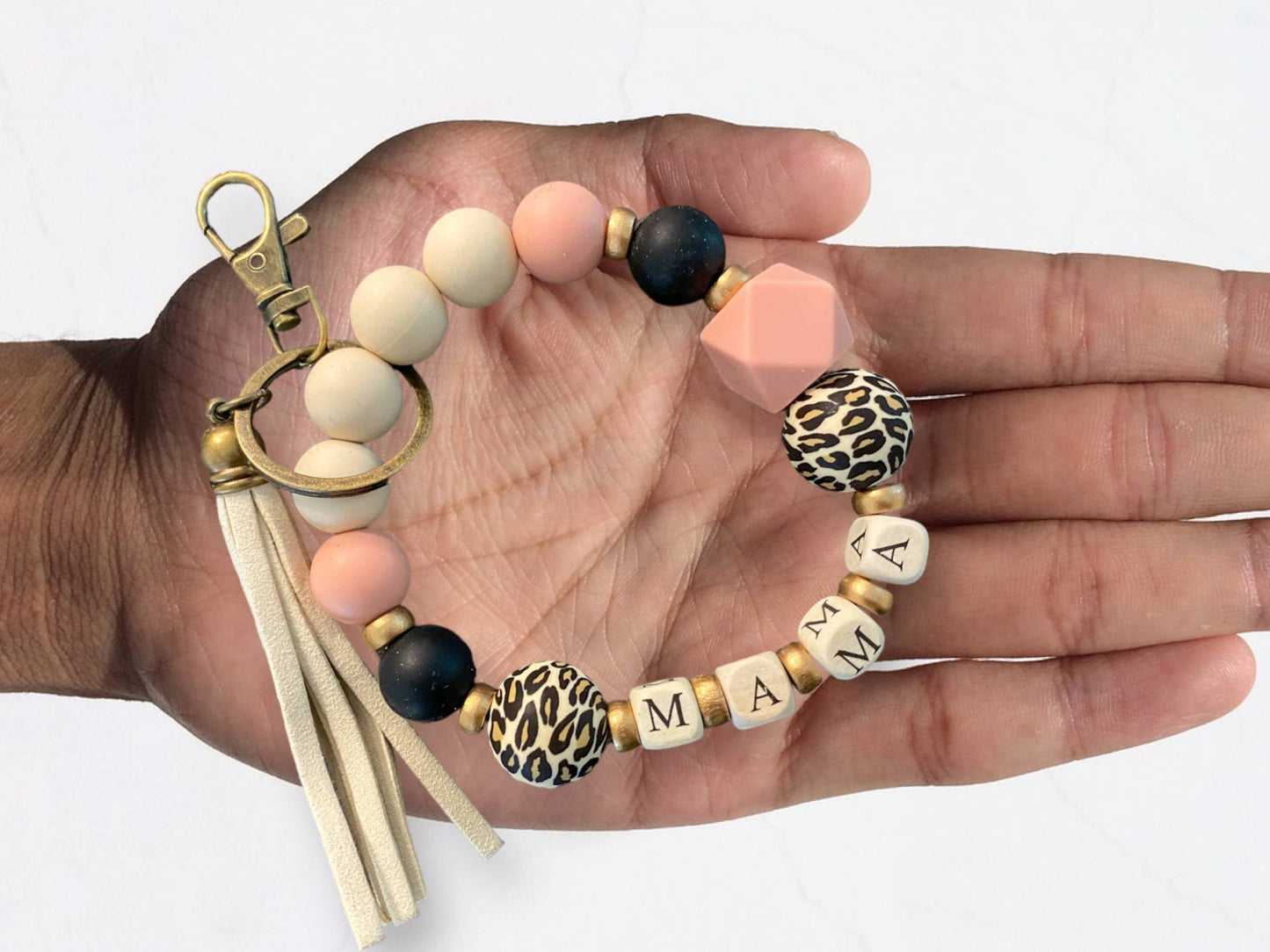 Mama Beaded Wristlet Keychain/Leopard Mama Key Ring