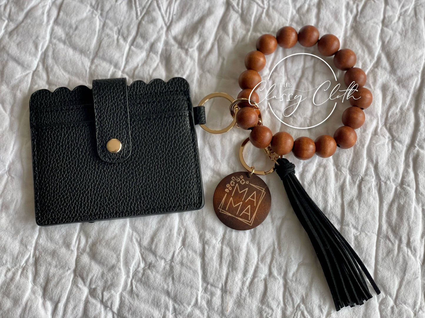 MAMA Wristlet Keychain Wallet- Solid Wood w/Blk Tassel