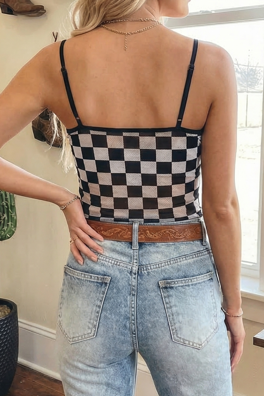 Sheer Checkered Print Spaghetti Straps Slim Tank Top (S-XL)