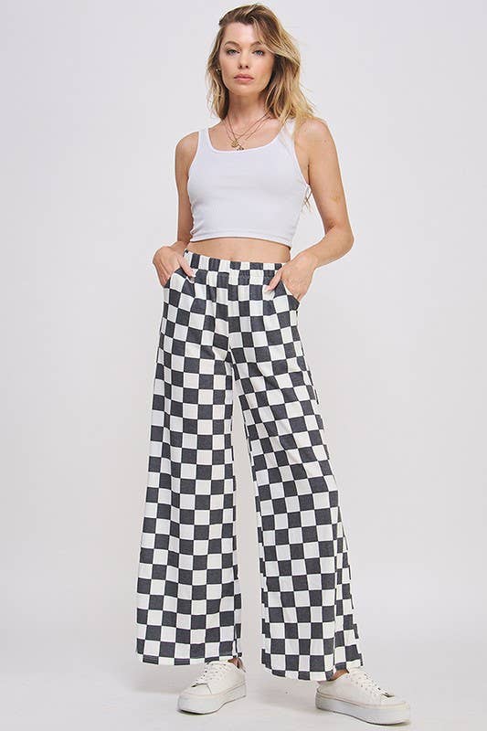 High Waist Checkered Straight Leg Knit Pant