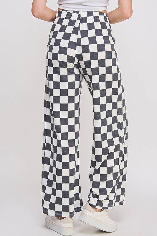 High Waist Checkered Straight Leg Knit Pant