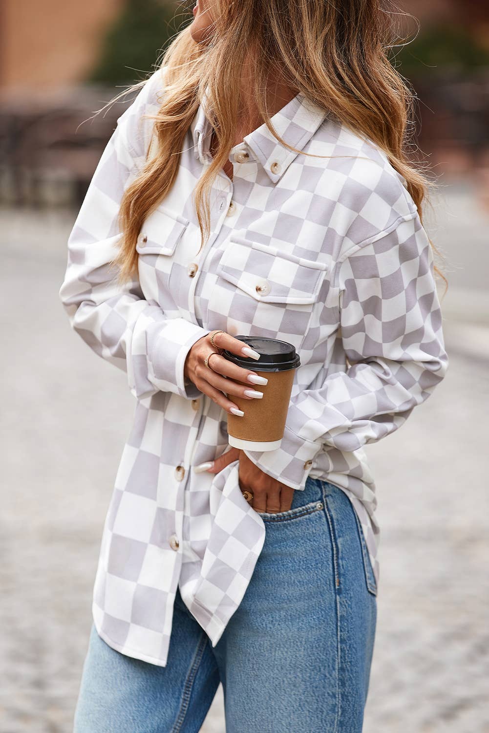 Checkerboard Flap Pocket Button Front Shacket