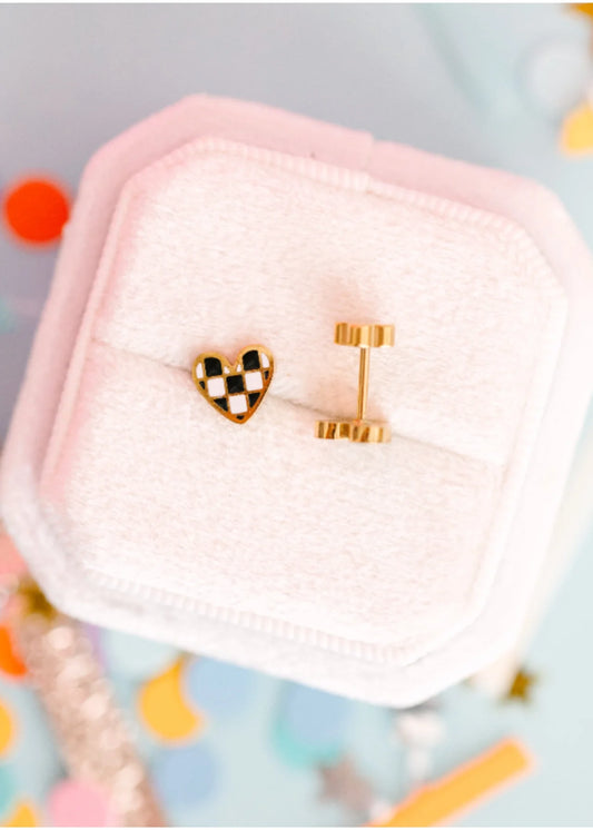 Checkered Heart Earrings - Gold