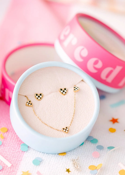 Black/White Checkered Heart Set - Necklace & Earrings