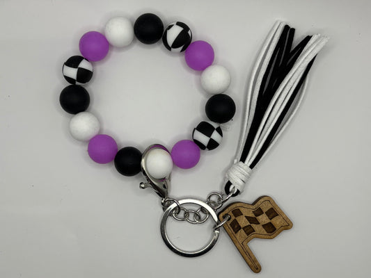 Glow-in-the-Dark Neon Silicone Bead Wristlet Bracelet Key Ring with Charm