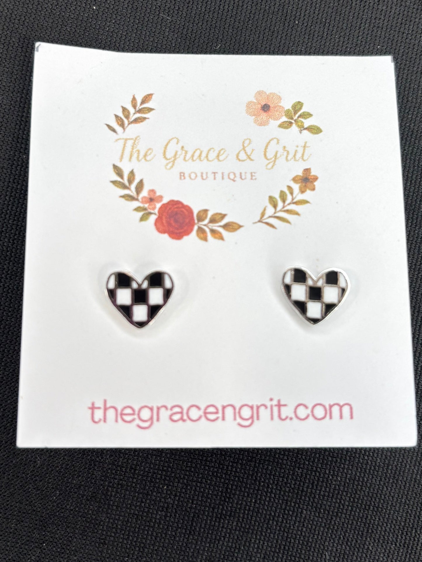 Gold Dipped Epoxy Checkered Heart Stud Earrings