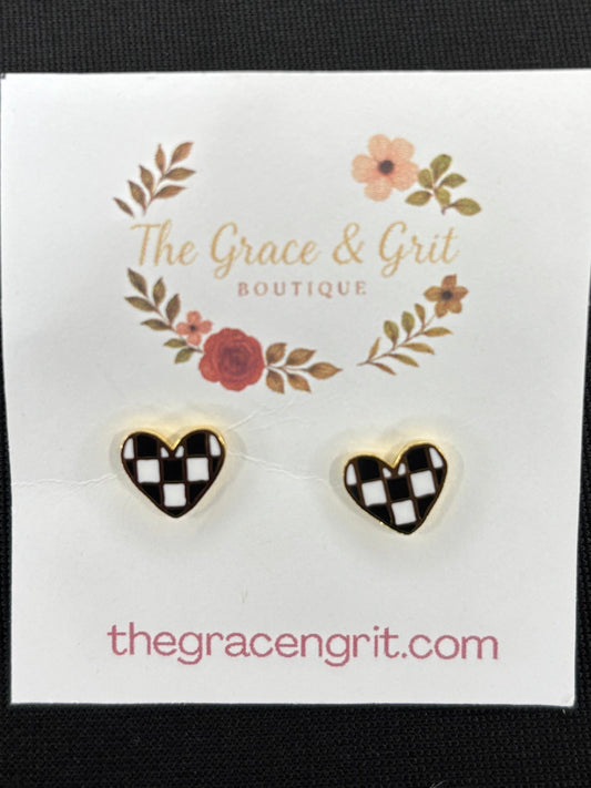 Gold Dipped Epoxy Checkered Heart Stud Earrings