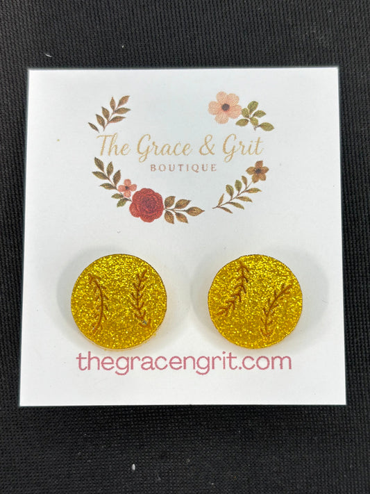 Gold Glitter Acrylic Softballs Stud Earrings