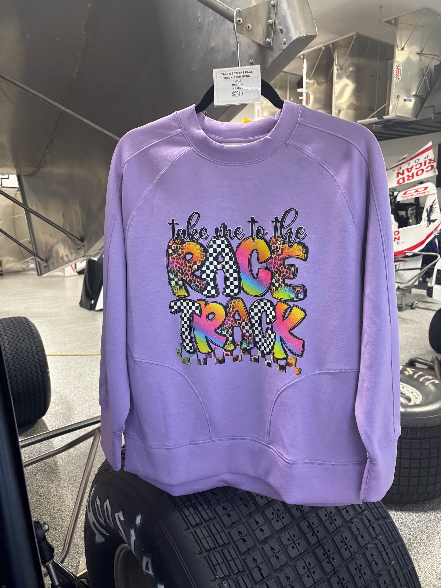 Take Me to the Race Track Purple Crew Neck