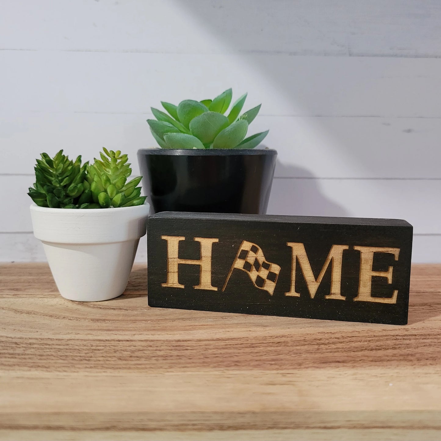 Home with Checkered Flag Laser Engraved Mini Wood Sign