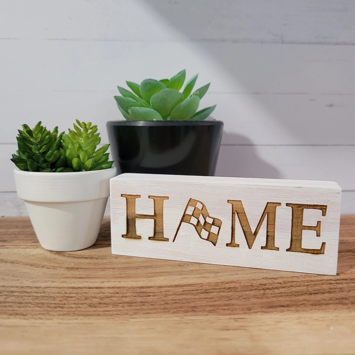 Home with Checkered Flag Laser Engraved Mini Wood Sign