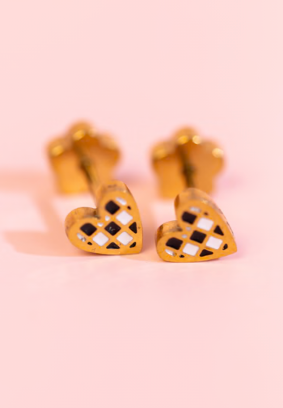 Tiny Black/White Checkered Heart Earrings