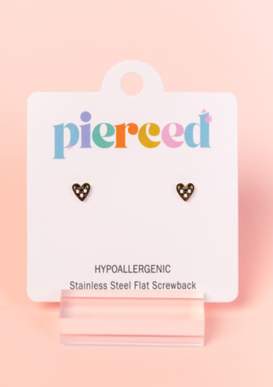 Tiny Black/White Checkered Heart Earrings