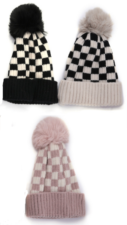 Baby Knitted Checkered Pom Beanie