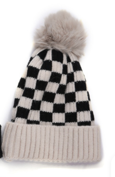 Baby Knitted Checkered Pom Beanie