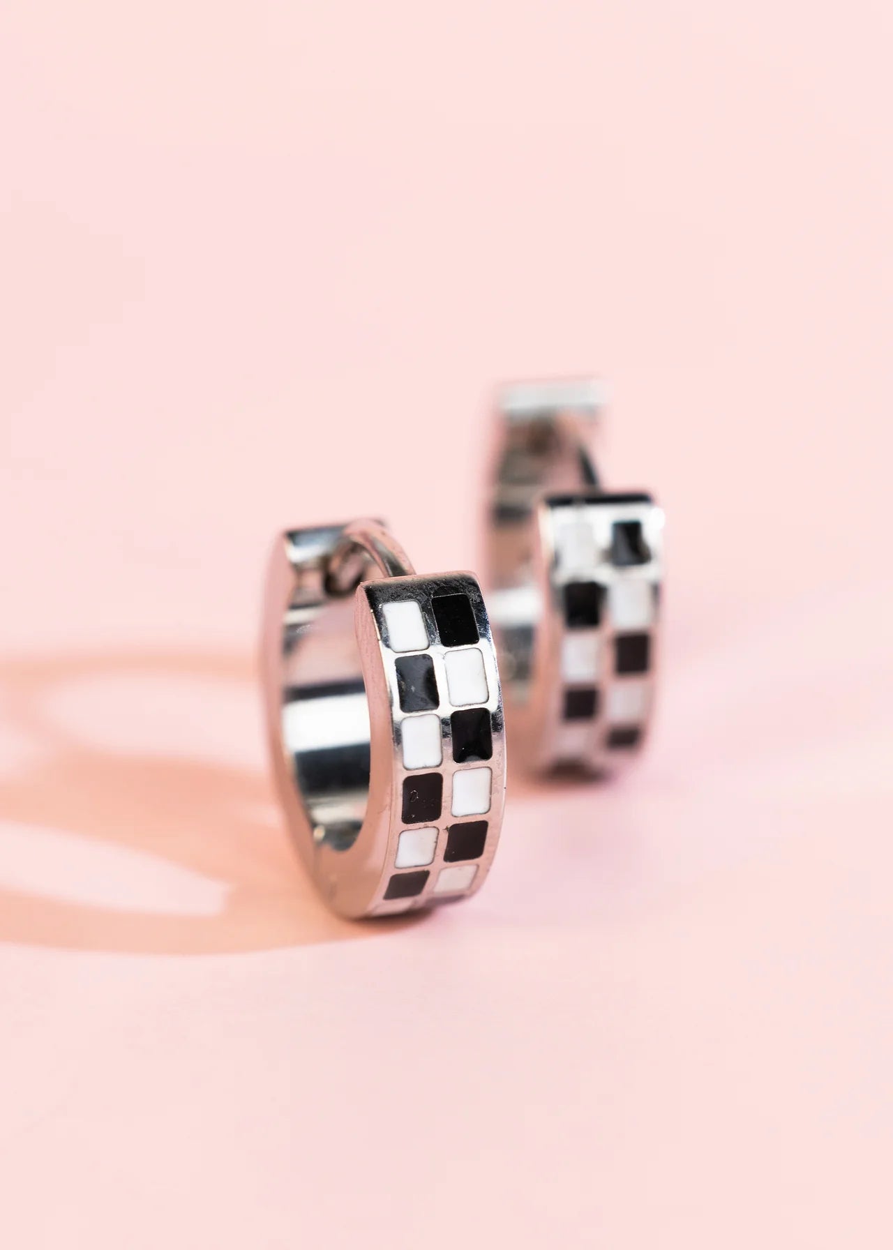 Black/White Checkered Huggies - Silver