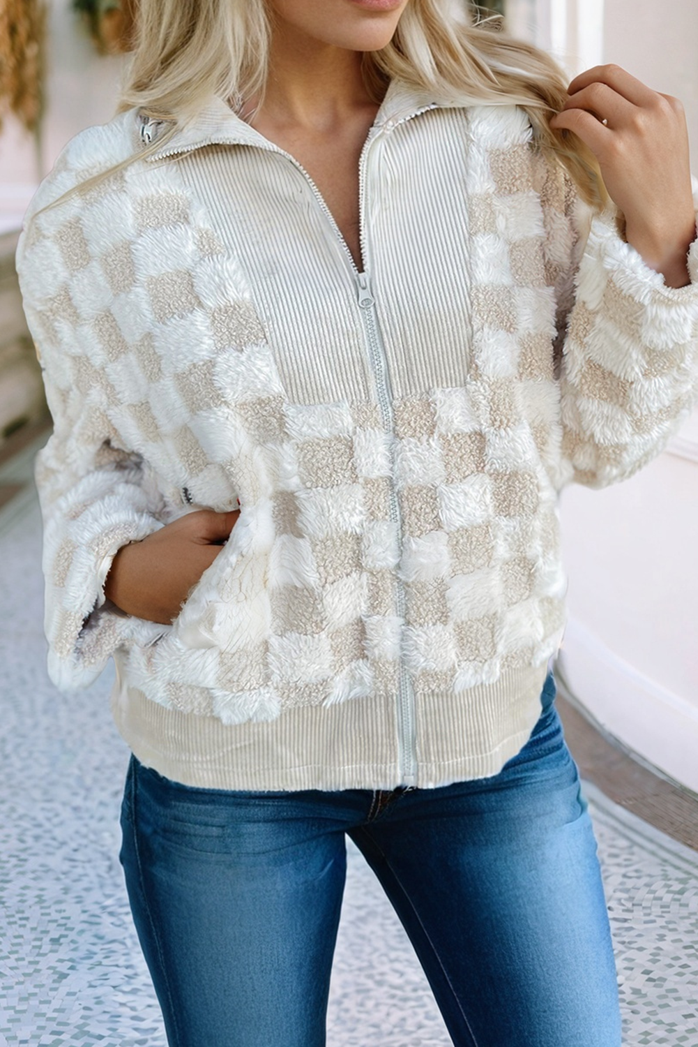 Checkered Sherpa Corduroy Patchwork Collared Sweatshirt