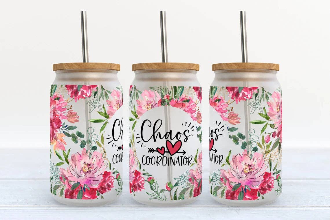 Chaos Coordinator Pink Florals 16oz Libbey Glass Frosted Tumbler