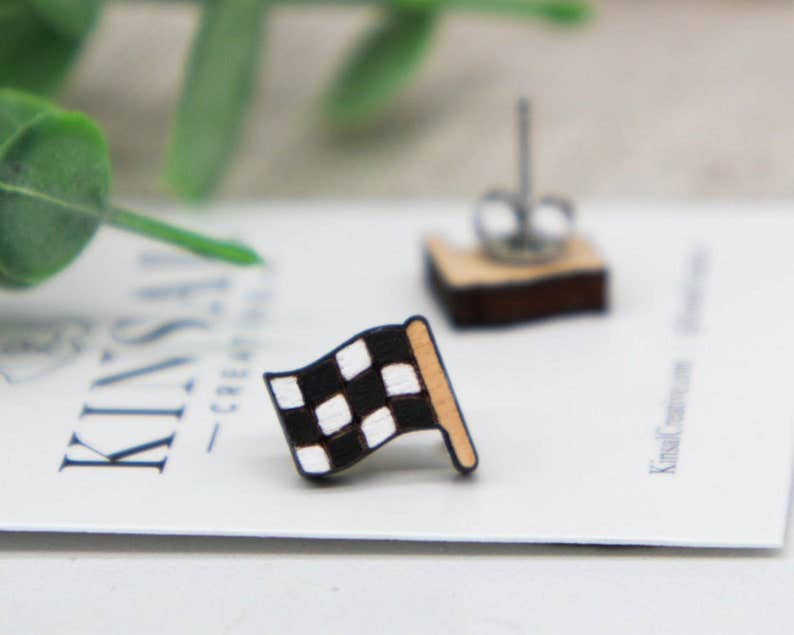 Checkered Flag Wood Stud Earrings
