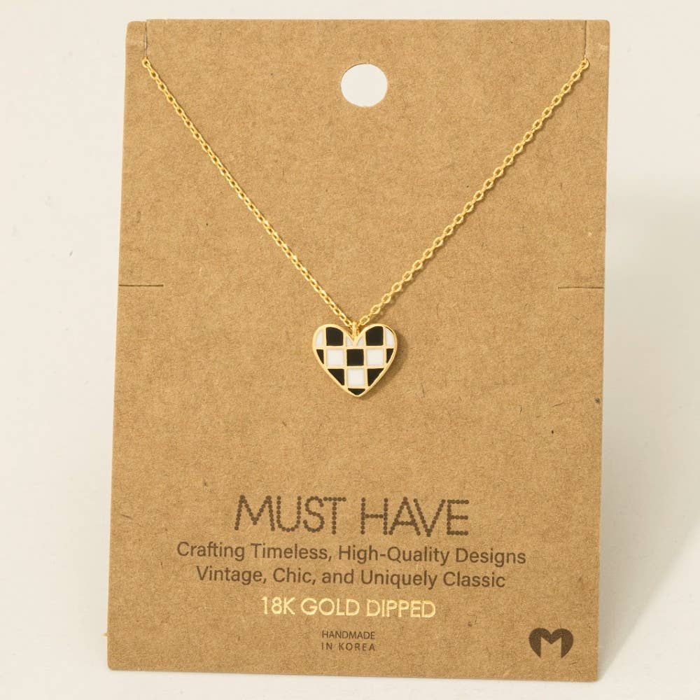 Gold Dipped Epoxy Checkered Heart Pendant Necklace