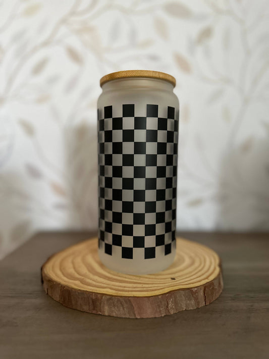 Checkered 20 oz Glass Tumbler with Bamboo Lid & Straw