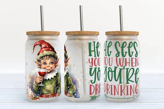 He Sees You When You're Drinking Elf 16oz Holiday Libbey Glass Tumbler