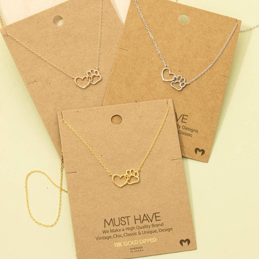 Gold Dipped Dog Paw Heart Cutout Pendant Necklace