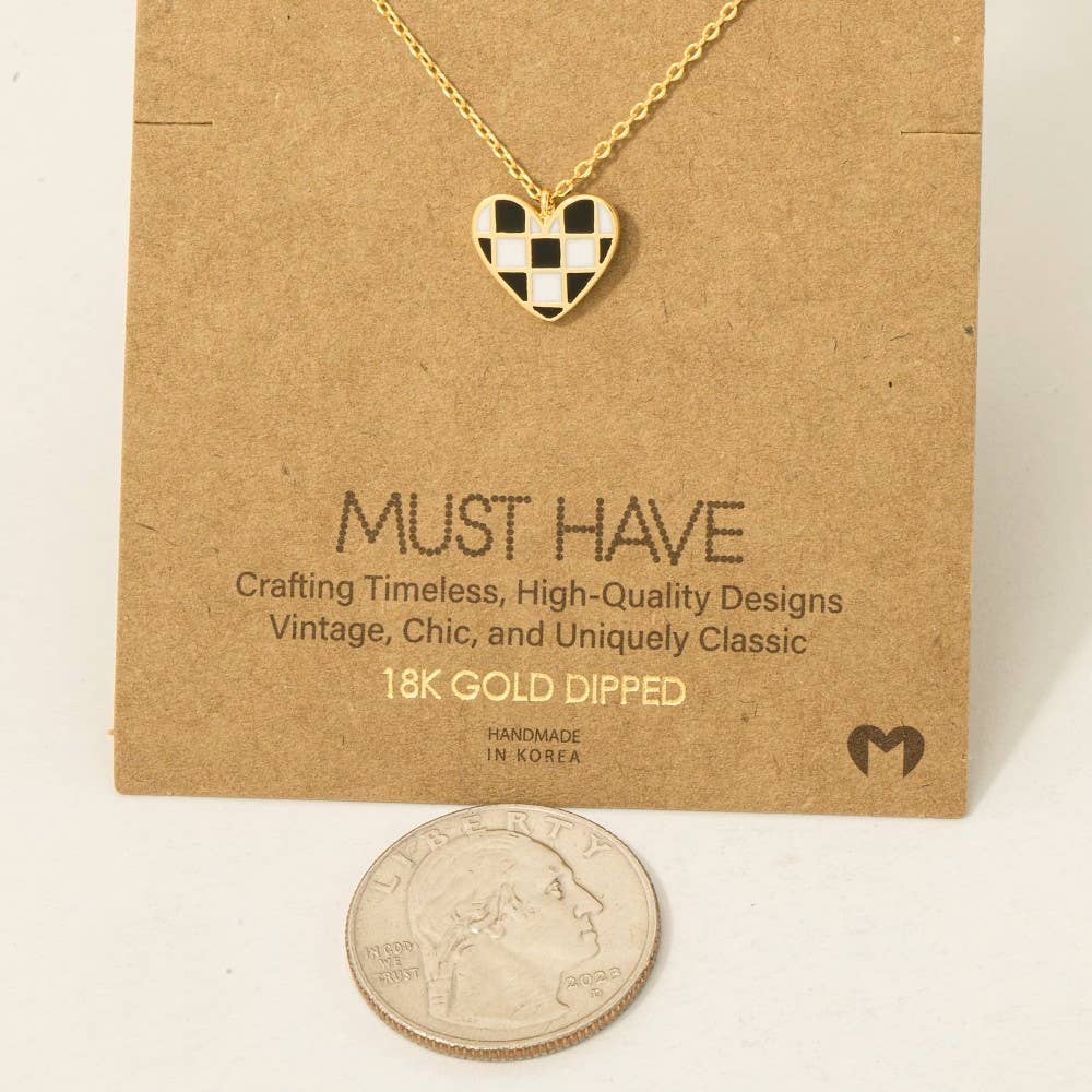 Gold Dipped Epoxy Checkered Heart Pendant Necklace