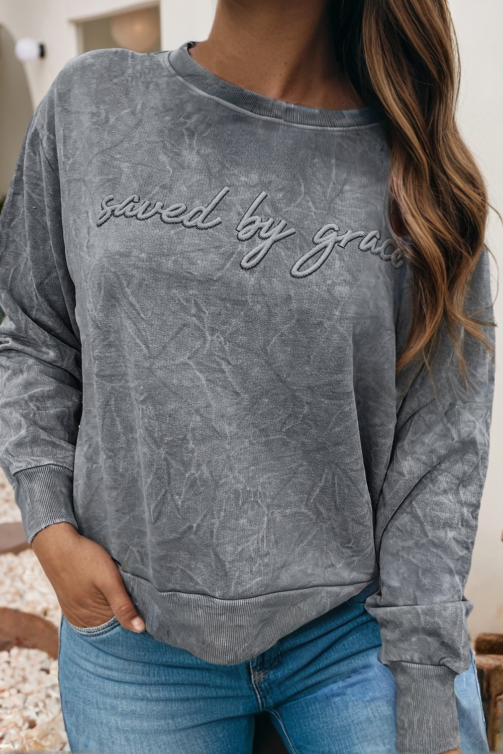 Letter Embroidery Mineral Wash Loose Sweatshirt